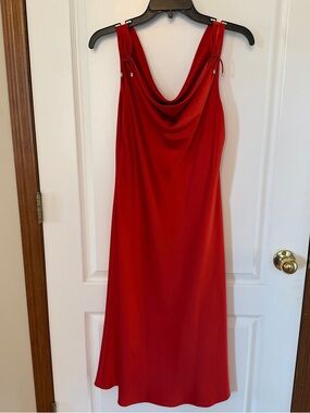 Calvin Klein Deep Orange Shimmer Dress W/Waterfall Neckline & Shoulder Ties